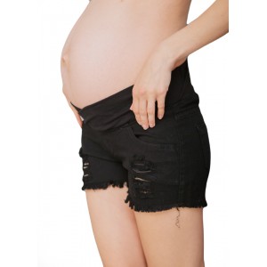 Рваные джинсовые шорты под живот для беременных Черные